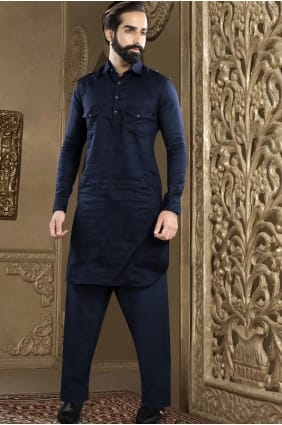 Kurta uni pour homme en soie dupion bleu marine KURR158