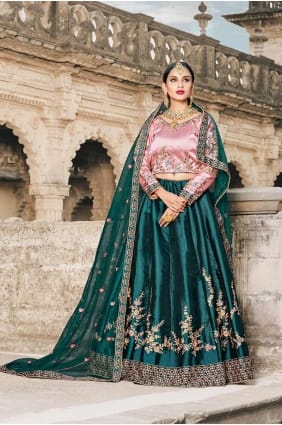 lehenga turquoise satin couleur vert choli lc1496