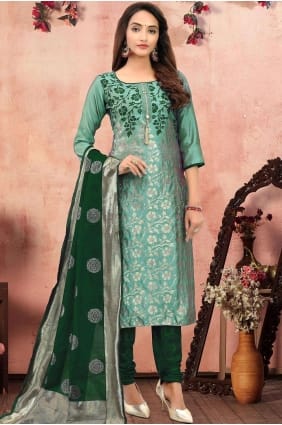 Costume Churidar Vert Clair En Jacquard Banarsi SK13542