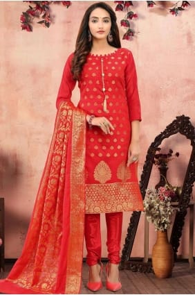 Costume Churidar En Jacquard Banarsi Rouge SK13549