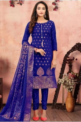 Costume Churidar bleu royal en jacquard Banarsi SK13550