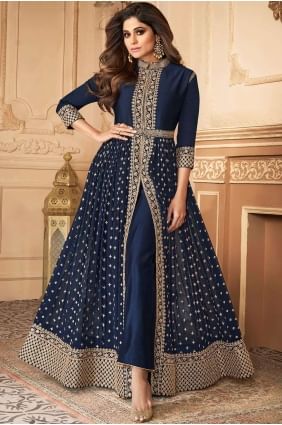 Costume Bleu Marine Anarkali En Fausse Georgette AS2725