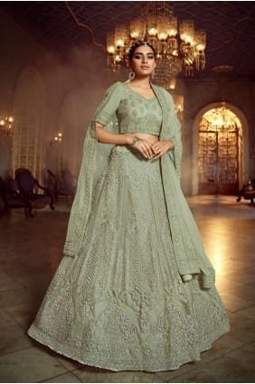 Lehenga Choli de mariage en filet doux vert LC3354
