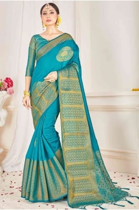 Sari Indien Du Sud En Soie Bleu Sarcelle SR17080