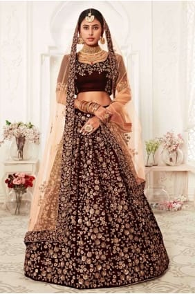 Tenue De Mariée Velours Lehenga Choli En Marron LC3611