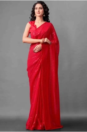 Georgette Saree En Rouge sr17400