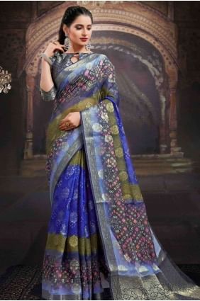 sari imprimé en bleu SR17534