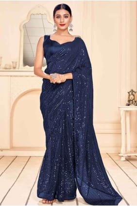 Embroidered Saree in Navy blue sr17657
