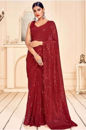 Sari brodé en rouge sr17658