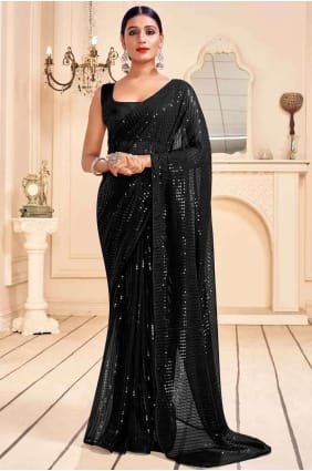 faux georgette sari en noir SR17660