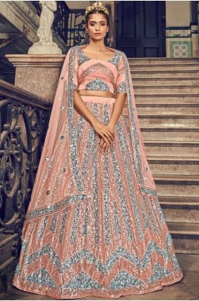 Lehenga Choli Filet de Travail Brodé en Pêche LC3695