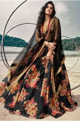 lehenga choli noir imprimé en soie avec dupatta LC3742