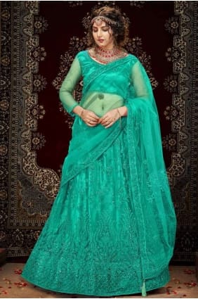 Filet Aigue-marine Lehenga Choli en Paillettes LC3753
