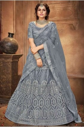 paillettes lehenga choli en filet gris régent LC3756