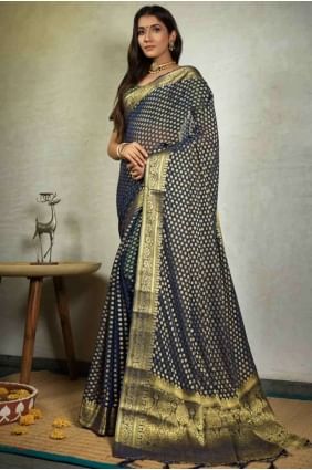 banarasi sari en mousseline bleu marine avec tissage SR18082