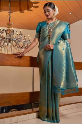 saris sarcelle de soie brute bleu sud indien en tissage SR18090
