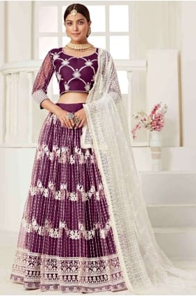 net lehenga choli dans le vin avec fil LC3906