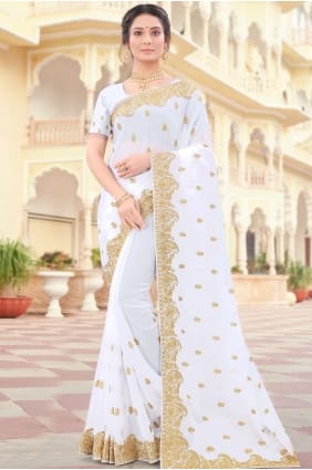 georgette party wear sari en blanc avec broderie SR19004