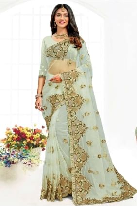 net pista party wear sari en resham, pierre, brodé SR19029