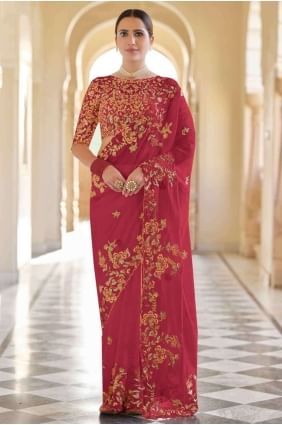 sari rouge en soie avec dentelle au fil de sequins SR18862