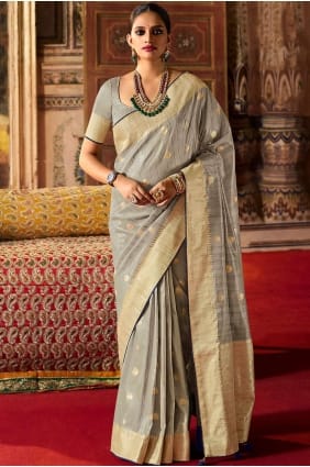 saris gris soie sud-indienne avec tissage SR19076