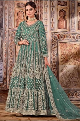 net anarkali costume en vert avec brodé AS2911