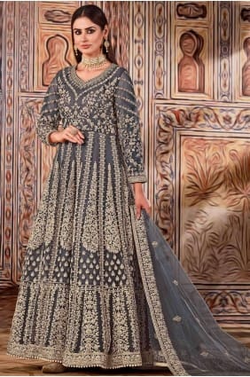 costume anarkali gris brodé net avec dupatta AS2912