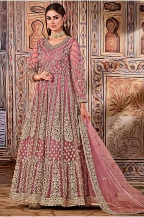 costume anarkali net avec brodé en rose AS2914