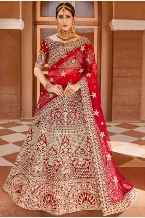 Lehenga choli de mariée en velours rouge à la main avec dupatta LC4042