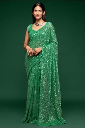sari de soirée en georgette brodée en vert SR19183
