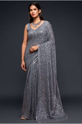 sari de soirée brodé gris en georgette SR19189