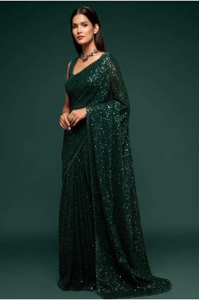 sari vert party wear en georgette avec broderie SR19190