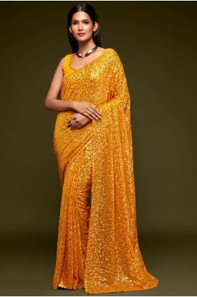 sari de soirée en georgette jaune avec broderie SR19191