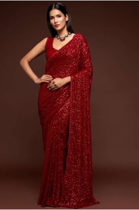 georgette party wear sari avec broderie en rouge SR19192