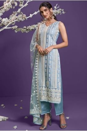 acier bleu salwar kameez en filet avec brodé SK14136