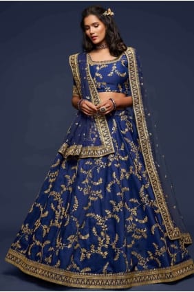 fil mariage lehenga choli en soie d’art bleue LC4069