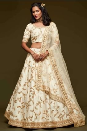 fil mariage lehenga choli en soie d’art blanche LC4072