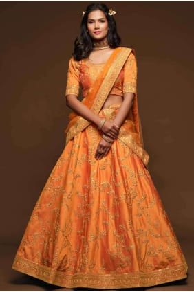 art soie lehenga choli en orange avec fil LC4073