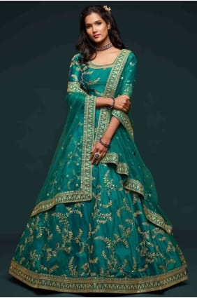 mariage lehenga choli en soie d'art verte avec fil LC4074