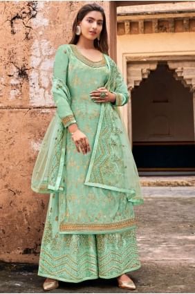 Sea green Jacquard Embroidered Palazzo Suit with Dupatta PZ2504