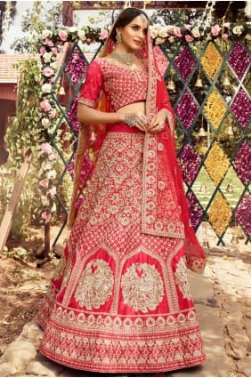 Lehenga choli de mariage rouge en soie brute brodée avec dupatta LC4248