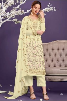 salwar kameez brodé jaune en georgette SK14146