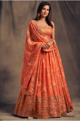 organza party lehenga choli avec imprimé en orange LC4512
