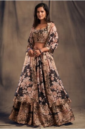 lehenga choli de fête imprimé en organza noir LC4513
