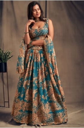 organza bleu sarcelle partie lehenga choli en imprimé LC4516