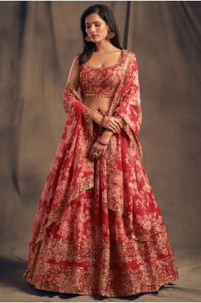 parti organza imprimé lehenga choli en rouge avec dupatta LC4517