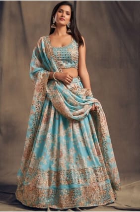 organza party lehenga choli en bleu ciel avec imprimé LC4519