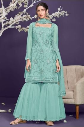 net eid sharara costume avec brodé en bleu aqua SS0618