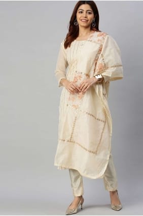 chanderi salwar kameez avec brodé en blanc cassé SK14296