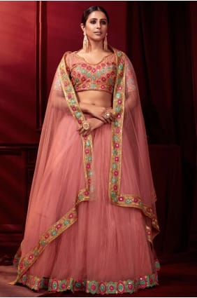 Net and satin Party Lehenga Choli with Embroidered in Light pink LC4590
